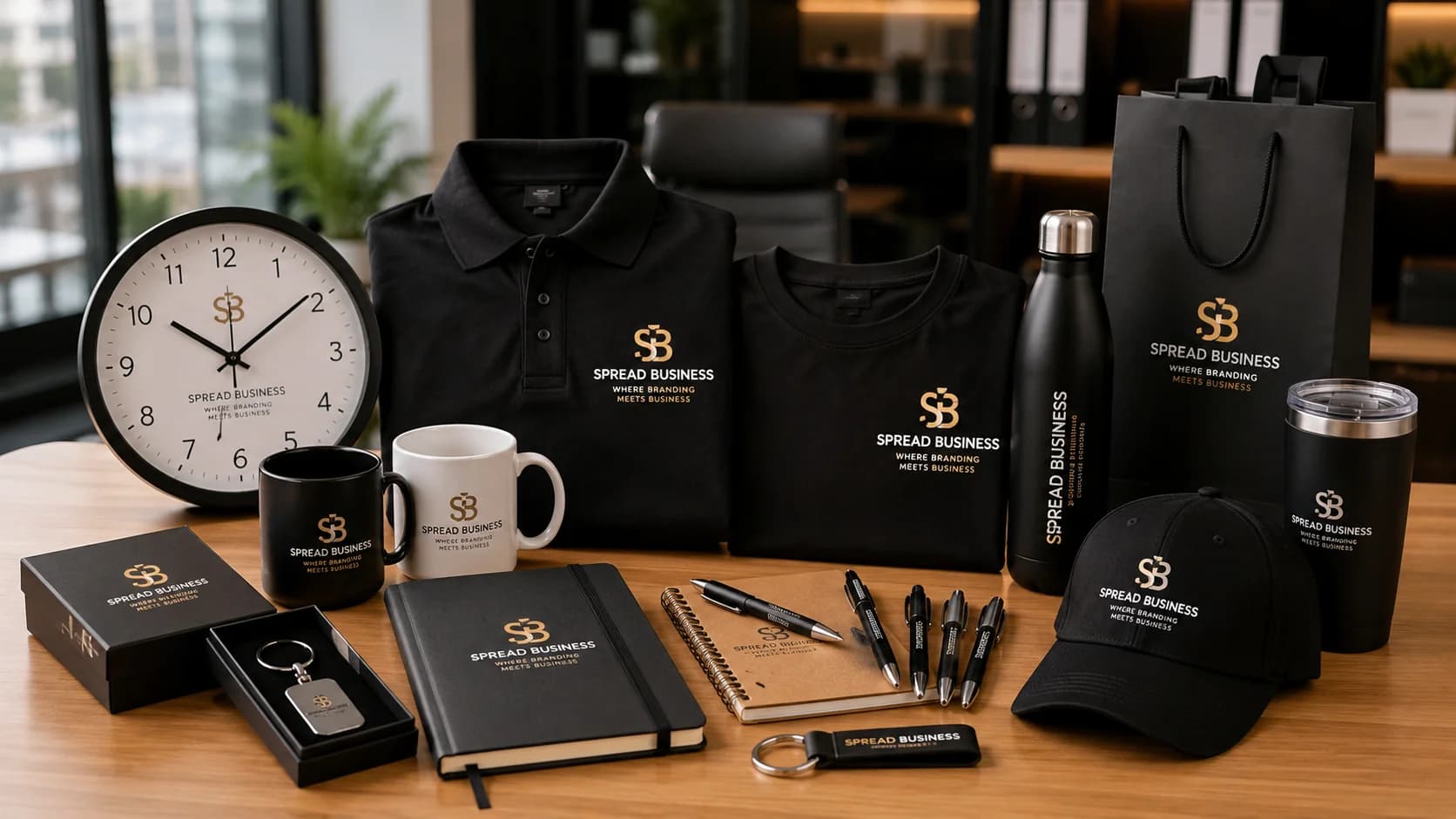 Premium corporate giveaway products including branded t-shirts, mugs, pens, caps, and wall clocks by Spread Business.