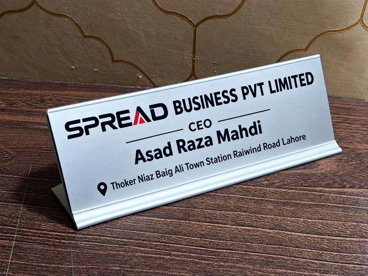 Professional CEO office name plate for Spread Business Pvt Limited in Lahore