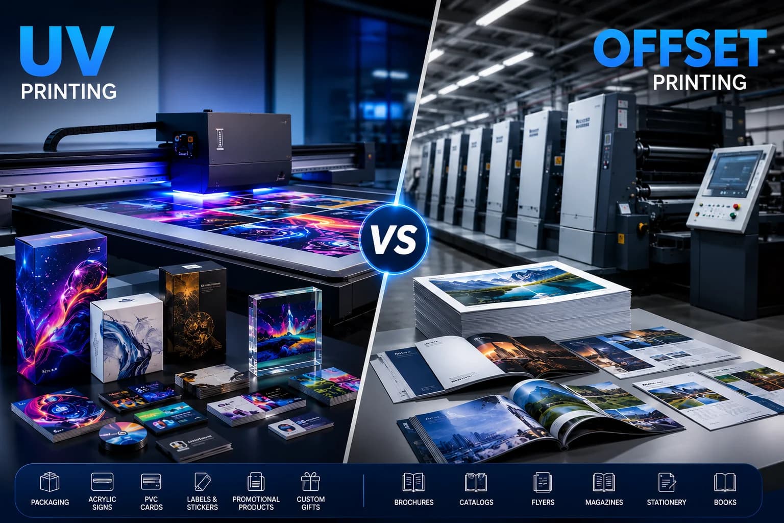 UV Printing vs Offset Printing comparison showing modern UV flatbed printer and commercial offset printing press for business printing solutions.