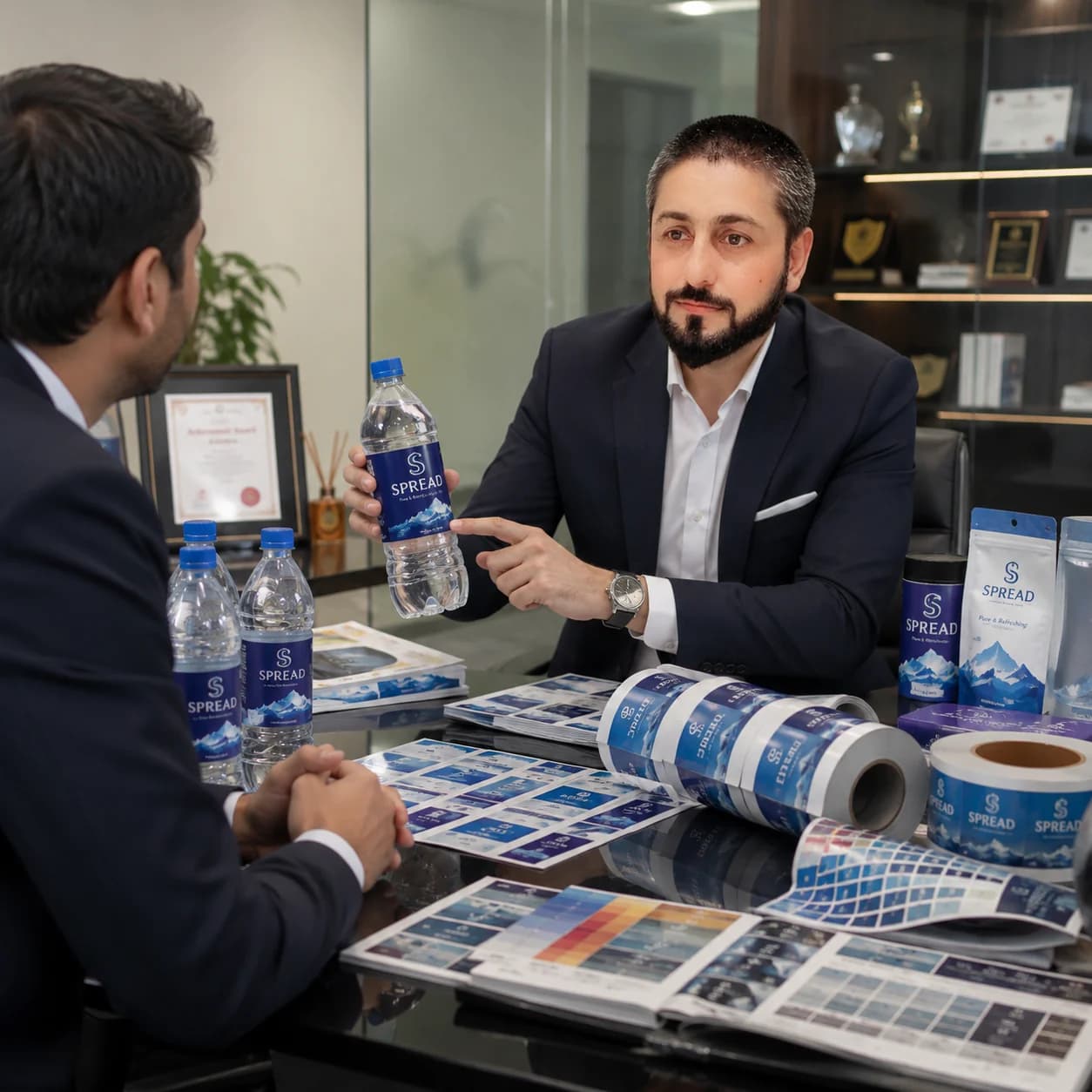 Premium custom water bottle label printing services in Pakistan by Spread Business Pvt Limited featuring waterproof, food-grade, and HD printed bottle labels.